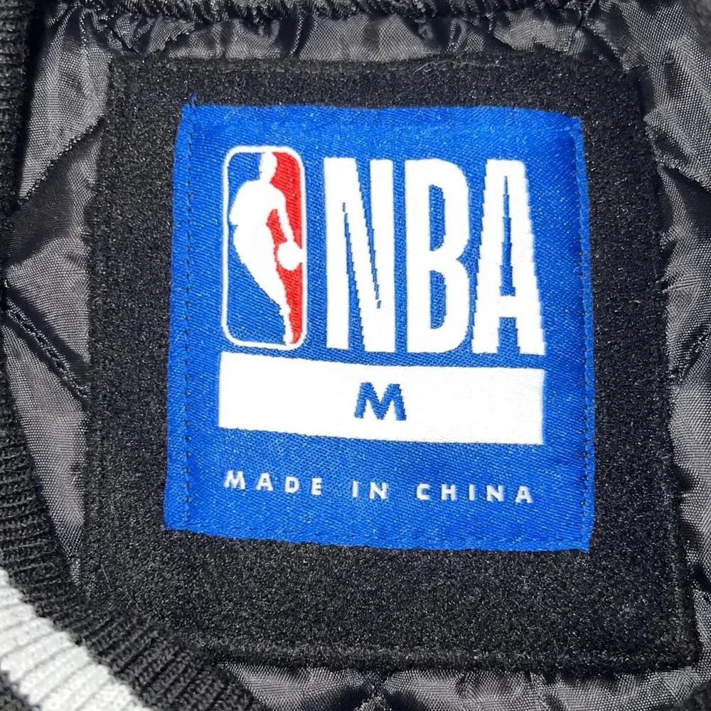 NBA Final Boss Varsity Letterman Jacket Mens M Black Grey Snap Front Bomber NWT